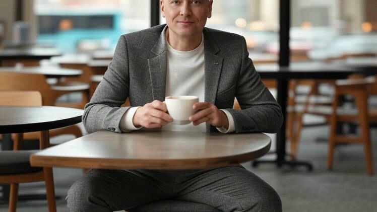 Casualowy garnitur w kolorze szarym – idealny wybór na lunch w miejskiej kawiarni