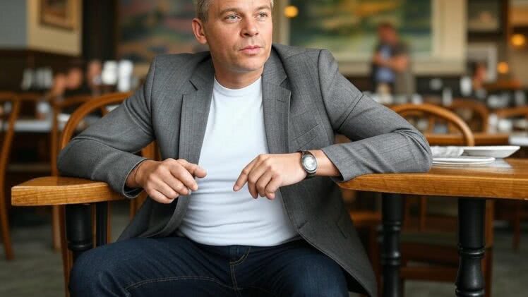 Szara marynarka w kratę z białym t-shirtem i jeansami – idealny zestaw na casualowy obiad