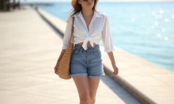 Biała Koszula z Szerokim Kołnierzem i Denimowe Szorty na Letni Spacer