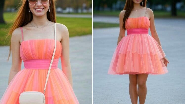 Dwudziestolatka w sukience z tiulu w odcieniach zachodu słońca – Egzotyczna namiętność