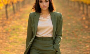 Stonowany garnitur w odcieniu oliwki na jesienne spotkanie w winnicy