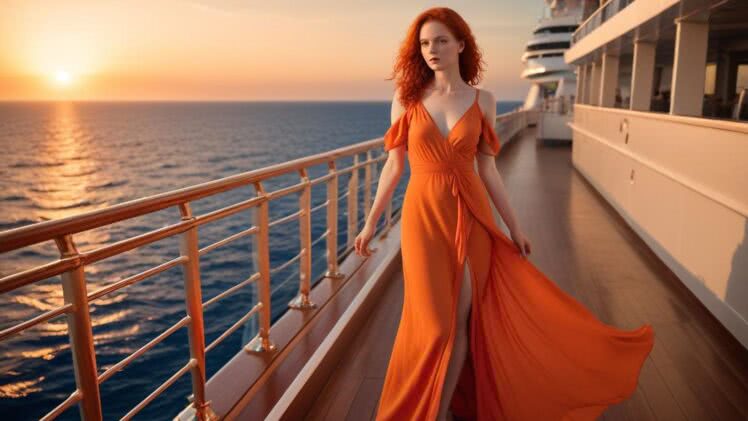 Jak stworzyć romantyczny look z morzem w tle, czyli ruda piękność w zwiewnej pomarańczowej sukience maxi