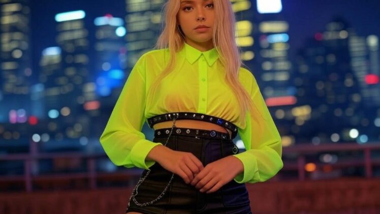 Punk w neonach – Odważny kolor i zadziorny styl. Neonowa bluzka, czarne szorty z łańcuchami i martensy. Look dla kobiety, która swoją pewnością siebie rozświetla tłum