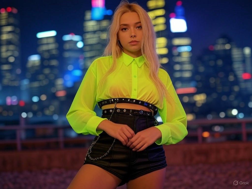 Punk w neonach – Odważny kolor i zadziorny styl. Neonowa bluzka, czarne szorty z łańcuchami i martensy. Look dla kobiety, która swoją pewnością siebie rozświetla tłum