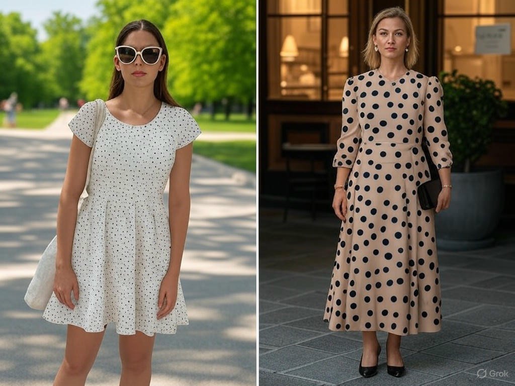 Sukienka w grochy – Retro print w nowoczesnej odsłonie. Jak nosić sukienkę w grochy z lat 30., np. z nowoczesnymi sneakersami na dzień lub szpilkami na wieczór