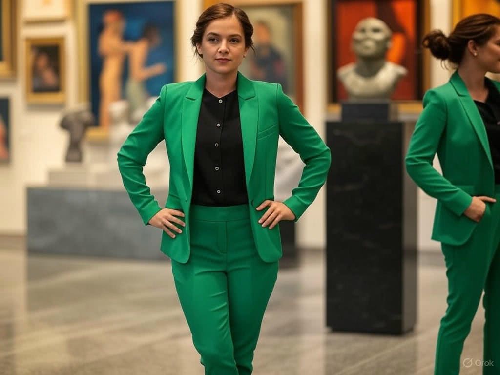 Ekstrawagancki garnitur w kolorze szmaragdu na artystyczną premierę