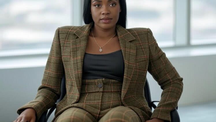 Tajemnicza elegancja wieczoru: Garnitur w kratę dla kobiety o ciemnej karnacji