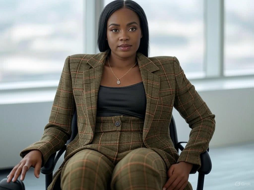 Tajemnicza elegancja wieczoru: Garnitur w kratę dla kobiety o ciemnej karnacji