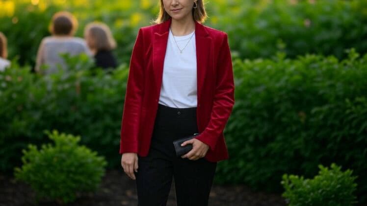Czerwona marynarka z aksamitu na imprezę w ogrodzie – odważny akcent i styl