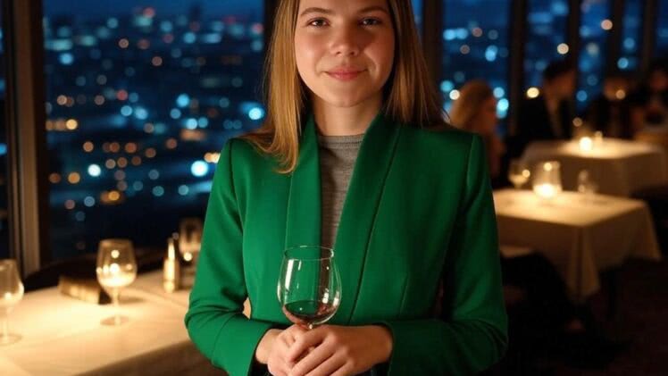 Szmaragdowa marynarka z wąskimi klapami na kolację z przyjaciółmi