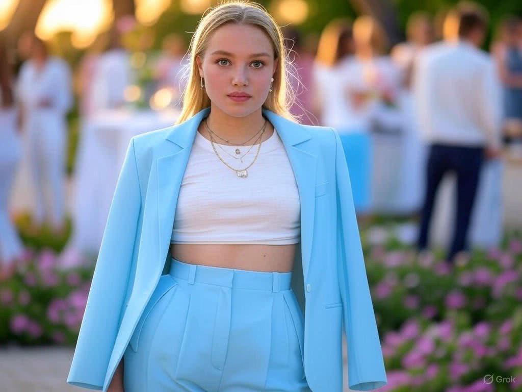 Elegancki Look w Pastelowym Błękicie na Letnią Imprezę