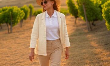 Kremowa marynarka z lnu na letni spacer po winnicy