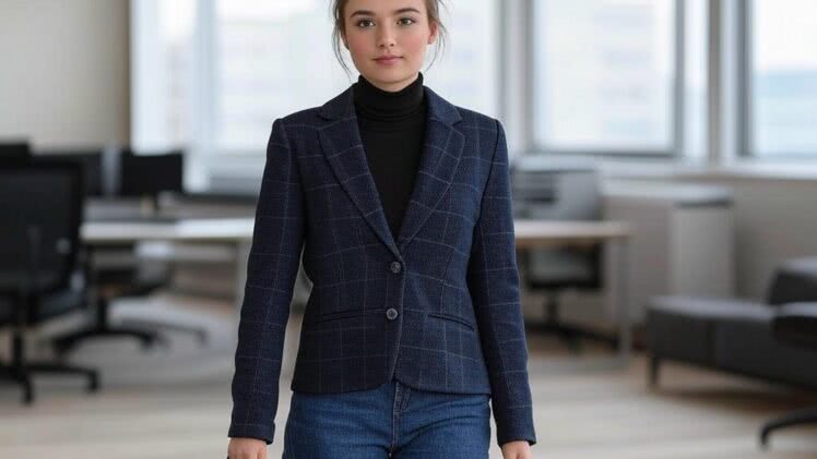 Granatowa marynarka w kratę – Twój klucz do stylowego dnia w biurze