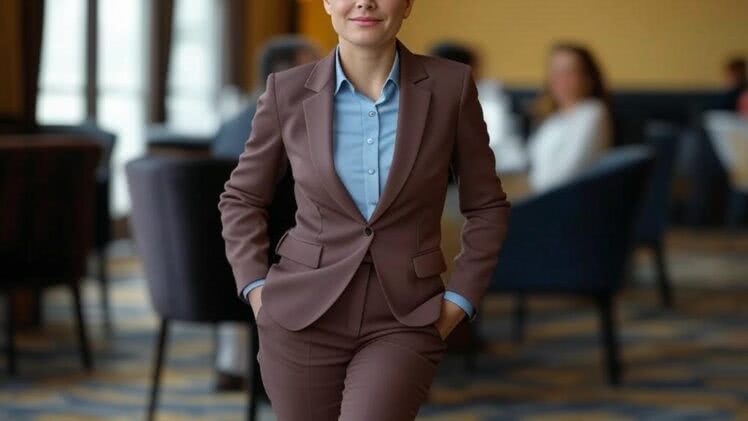 Stonowany garnitur w odcieniu czekolady na popołudniowe spotkanie w restauracji