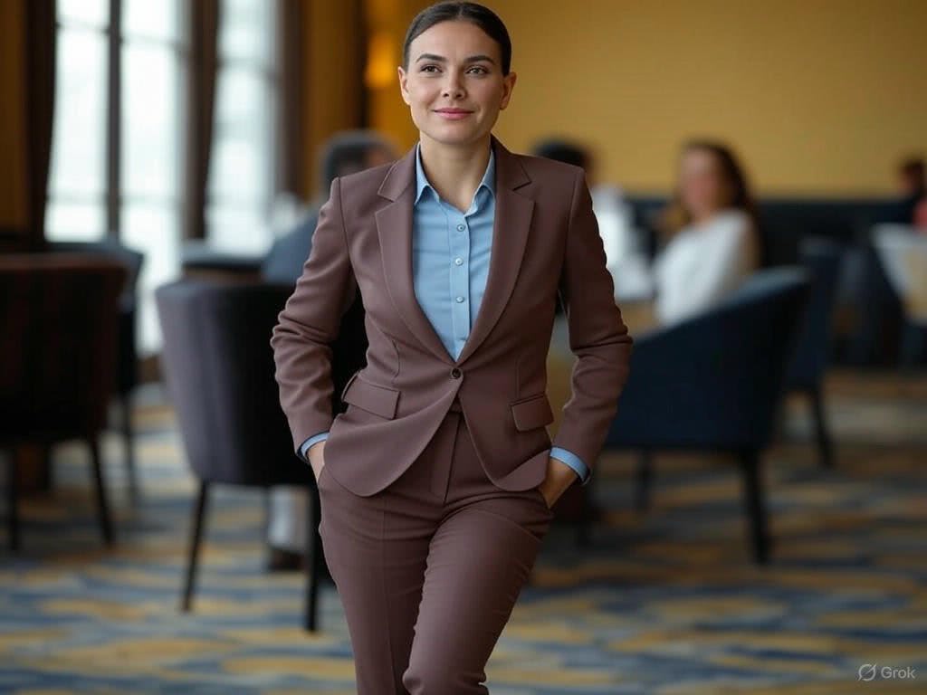 Stonowany garnitur w odcieniu czekolady na popołudniowe spotkanie w restauracji