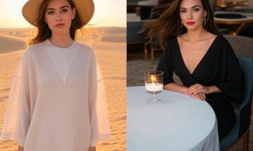 Arabia Saudyjska i Rijad – Moda na pustynię i hotelowy szyk: Za dnia luźna abaja-inspired tunika i kapelusz na upał, wieczorem elegancki kombinezon i biżuteria na kolację w luksusowym hotelu