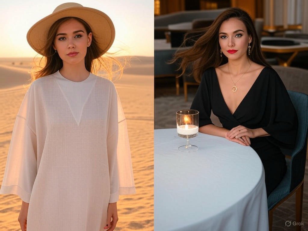 Arabia Saudyjska i Rijad – Moda na pustynię i hotelowy szyk: Za dnia luźna abaja-inspired tunika i kapelusz na upał, wieczorem elegancki kombinezon i biżuteria na kolację w luksusowym hotelu