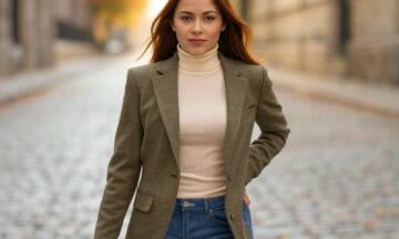 Oliwkowa marynarka z wełny, zestawiona z kremowym golfem i jeansami na jesienne zwiedzanie historycznego miasta z klasą