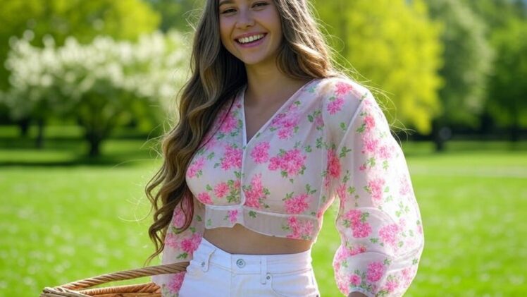 Bluzka z organzy z nadrukiem kwiatów – Ogrodowa zmysłowość. Pastelowe kwiaty na białym tle, odsłaniające biustonosz w odcieniu pudrowego różu. Perfect na piknik w Londynie, z białymi szortami