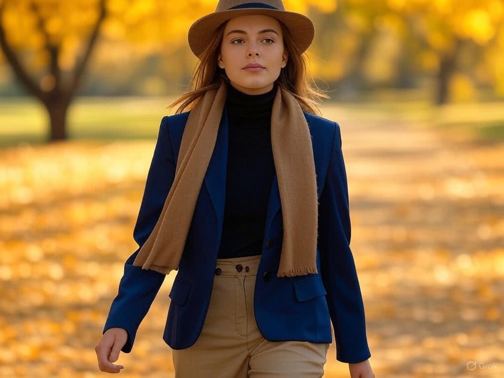 Granatowa marynarka z wąskimi klapami – idealna na jesienny spacer z nutą elegancji