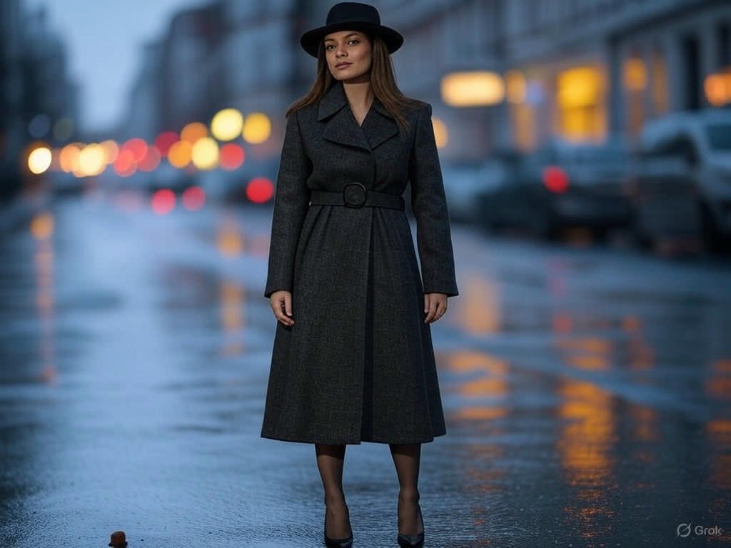 Płaszcz z paskiem i kapelusz – Detektywistyczny styl. Stylizacja inspirowana filmami noir – długi płaszcz z paskiem, kapelusz fedora i szpilki