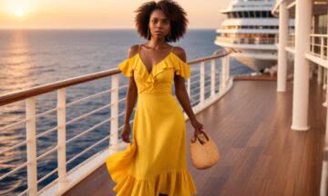 Zwiedzanie pokładu w żółtej sukience midi z falbanami – stylizacja idealna na eksplorację statku