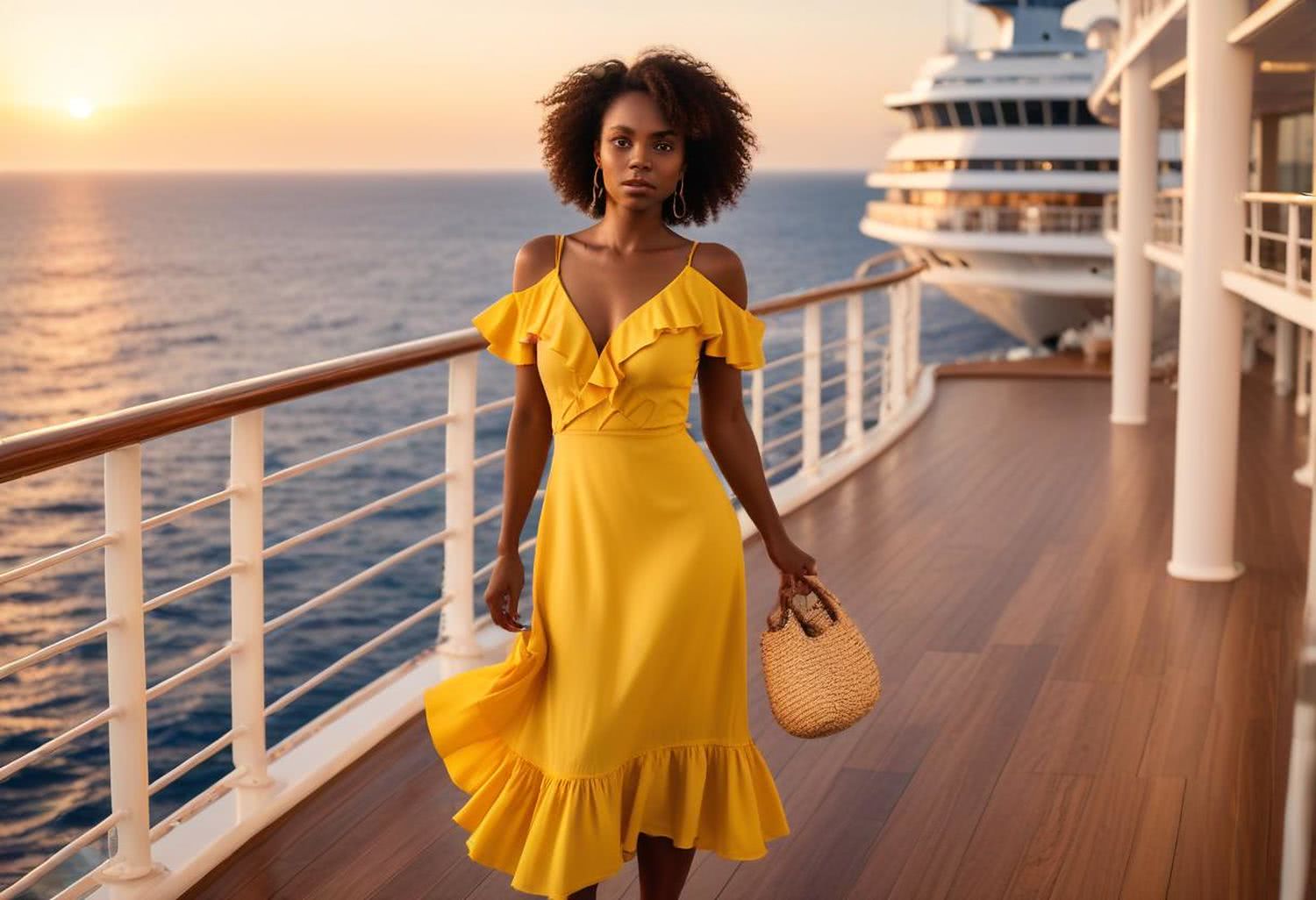 Zwiedzanie pokładu w żółtej sukience midi z falbanami – stylizacja idealna na eksplorację statku