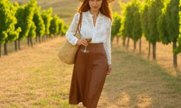 Skórzana spódnica maxi w odcieniu brązu – idealny look na letni piknik w winnicy