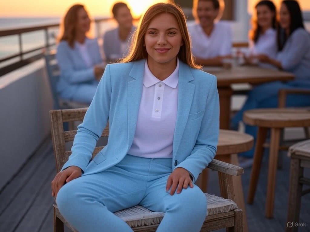 Casualowy garnitur w pastelowym błękicie na letnie spotkanie na tarasie