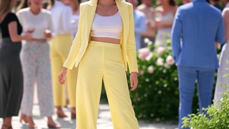 Blondynka w pastelach: Letnia impreza w żółtym garniturze