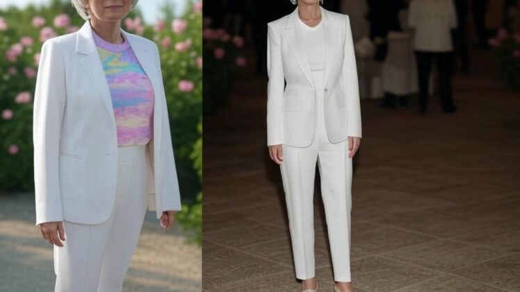 50-letnia kobieta w białym garniturze – Świeżość i pewność siebie