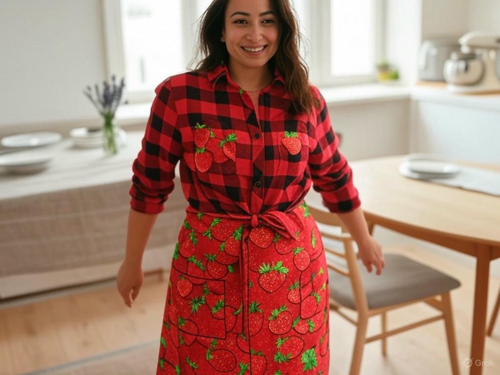 Flanela jako fartuch – Moda w kuchni. Praktyczne wykorzystanie koszuli podczas gotowania – wzory w owoce lub warzywa, które dodają uroku w domach na wsi w Prowansji