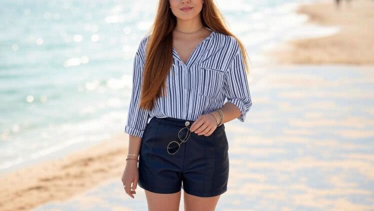 Skórzane Szorty w Kolorze Granatu – Idealny Strój na Nadmorskie Zwiedzanie