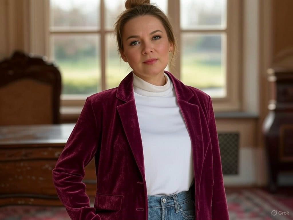 50-letnia kobieta w żakiecie z aksamitu – Wieczorowa elegancja