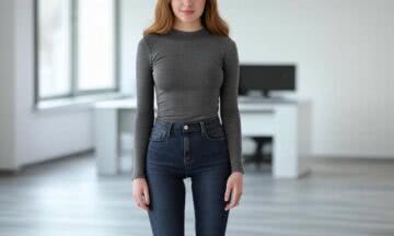 Grafitowy Obcisły Longsleeve z Jeansami Slim i Skórzanymi Butami – Idealny na Chłodniejszy Dzień w Pracy