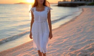 Lniana Sukienka w Odcieniu Bieli z Koronkowymi Wstawkami – Idealna na Kolację Przy Plaży