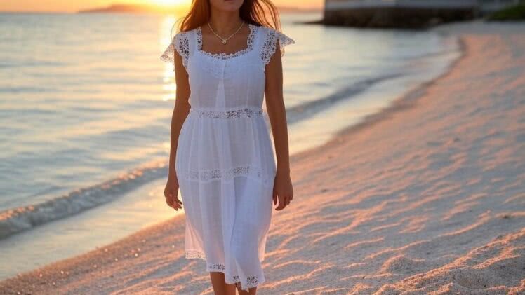 Lniana Sukienka w Odcieniu Bieli z Koronkowymi Wstawkami – Idealna na Kolację Przy Plaży