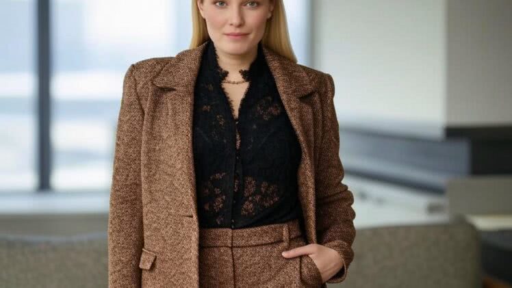 Blondynka w garniturze w jodełkę – wyrafinowany look na spotkanie biznesowe