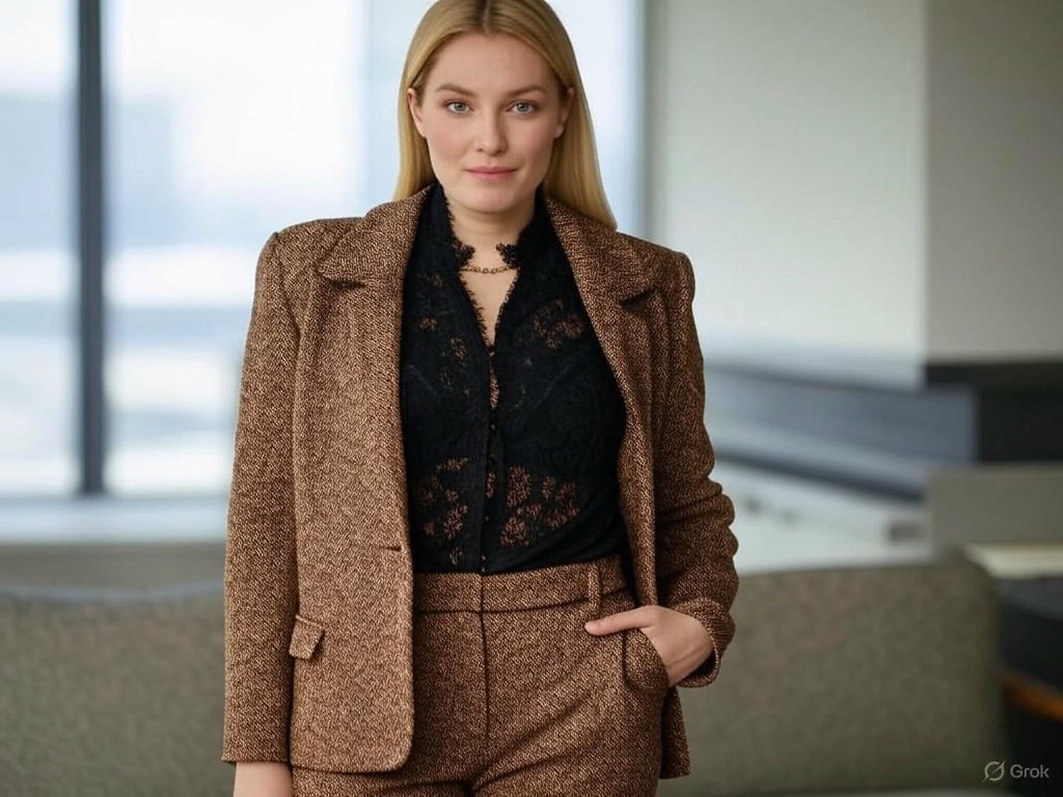 Blondynka w garniturze w jodełkę – wyrafinowany look na spotkanie biznesowe