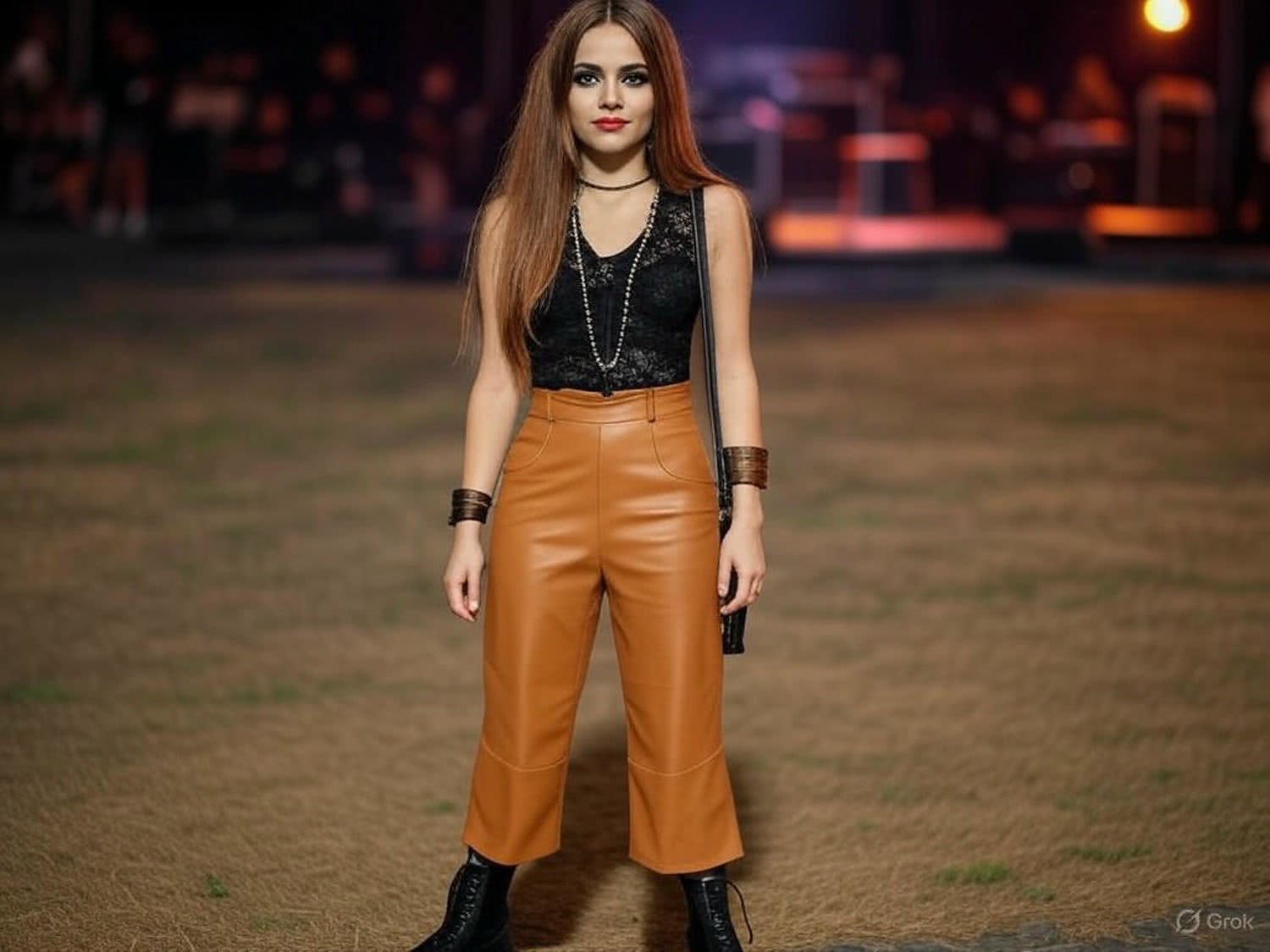 Skórzane spodnie w odcieniu karmelu z szerokimi nogawkami na koncert rockowy