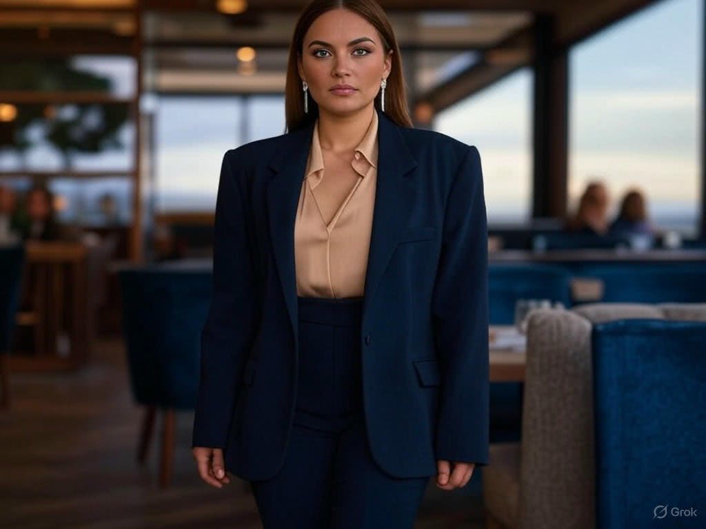 Garnitur w głębokim granacie na kolację w restauracji – elegancja i pewność siebie