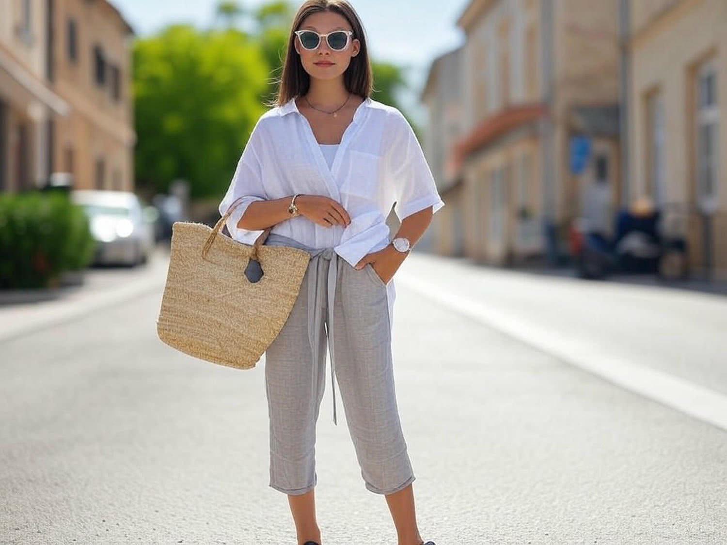 Lniane spodnie w odcieniu granatu z prostym krojem – idealny zestaw na letnie zwiedzanie