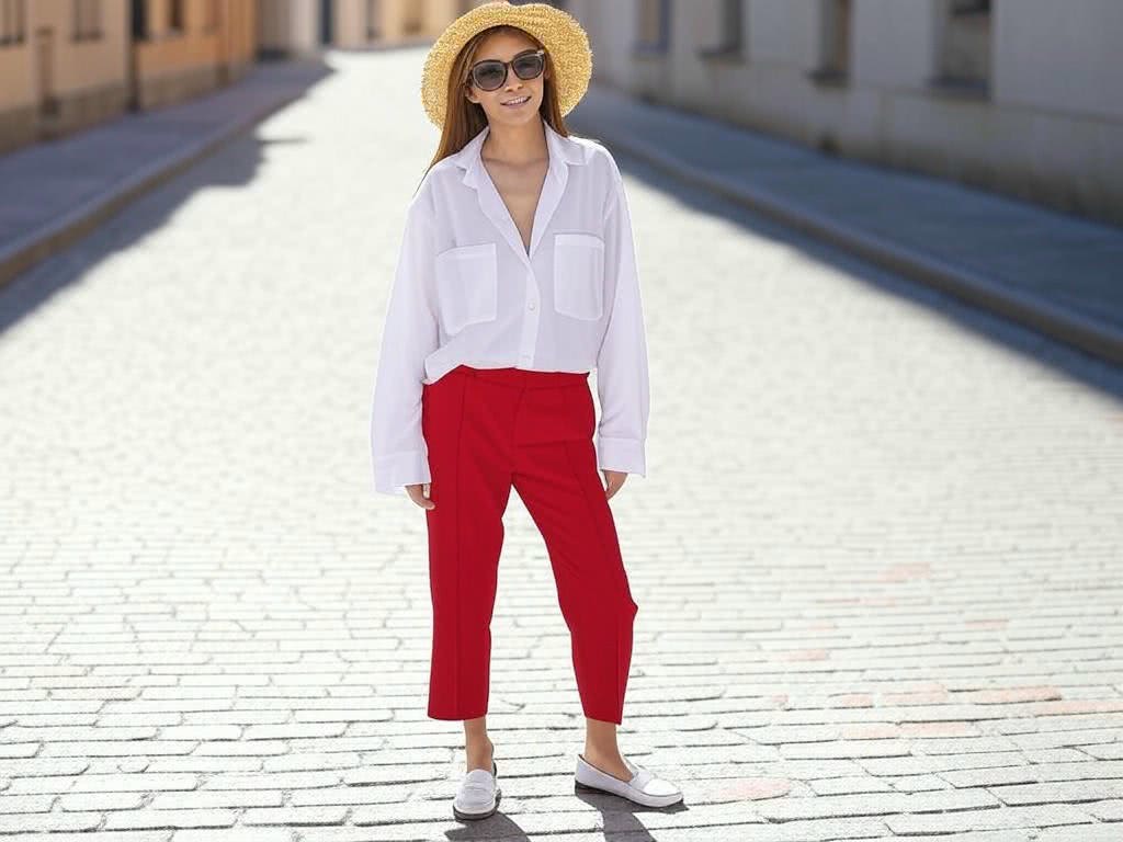 Spodnie w Głębokim Czerwonym Kolorze – Idealny Strój na Zwiedzanie Historycznego Miasta