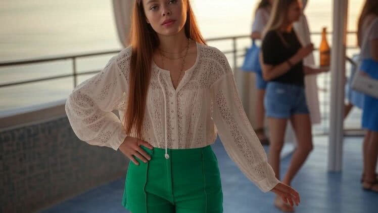 Szmaragdowe Szorty i Oversizowa Bluzka z Siateczką – Idealny Strój na Letnią Imprezę na Tarasie