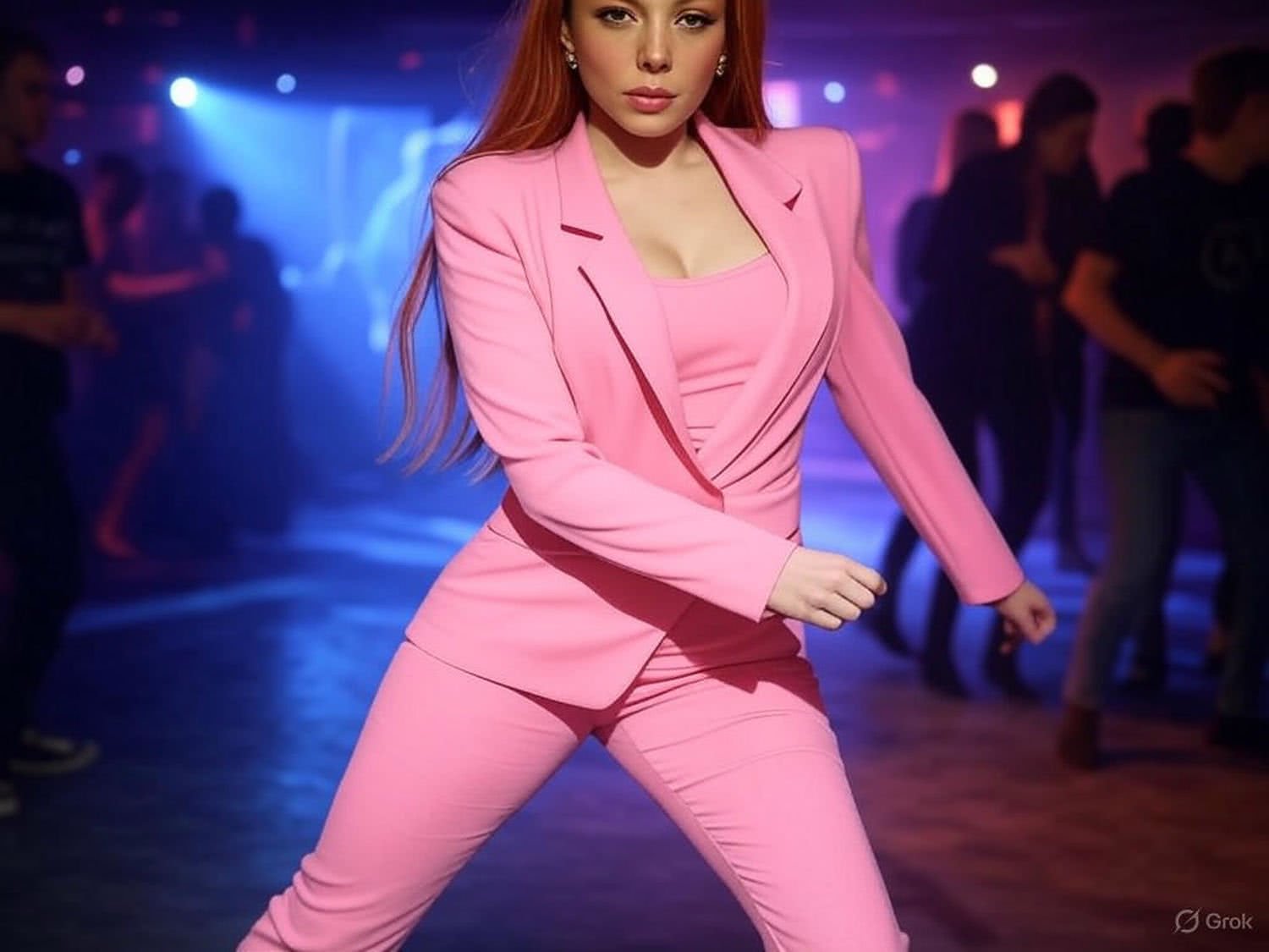 Różowy Garnitur na Imprezę w Modnym Klubie: Odważna Stylizacja dla Rudowłosej Kobiety