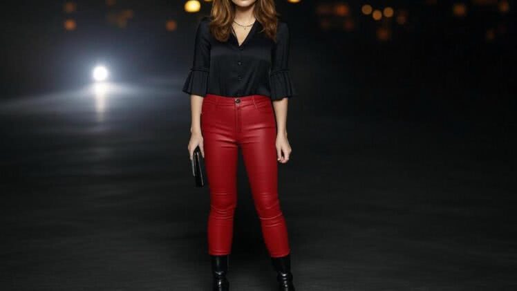 Skórzane spodnie w odcieniu czerwieni z obcisłym krojem, zestawione z bluzką z wycięciami i botkami na wieczór w rockowym stylu
