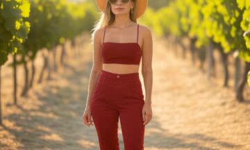 Spodnie w ciemnej czerwieni z wysokim stanem – idealny zestaw na dzień w winnicy