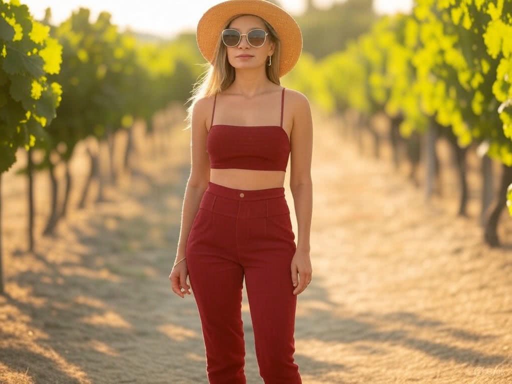 Spodnie w ciemnej czerwieni z wysokim stanem – idealny zestaw na dzień w winnicy