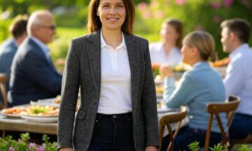 Ciemnoszara marynarka w jodełkę, polo i jeansy slim – idealny zestaw na weekendowy brunch w ogrodzie z rodziną