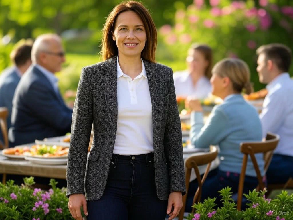 Ciemnoszara marynarka w jodełkę, polo i jeansy slim – idealny zestaw na weekendowy brunch w ogrodzie z rodziną